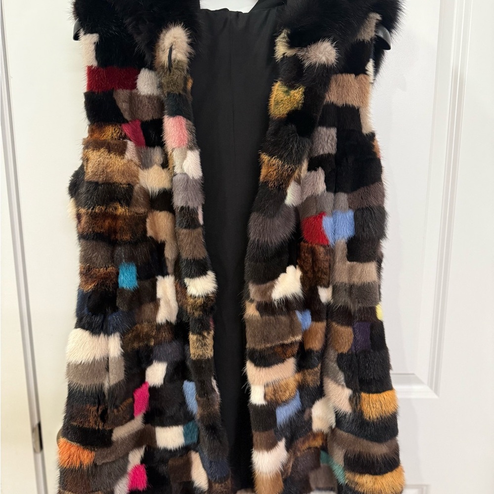 Multicolor Patchwork Fur Vest W/ Headband & Mitte… - image 1